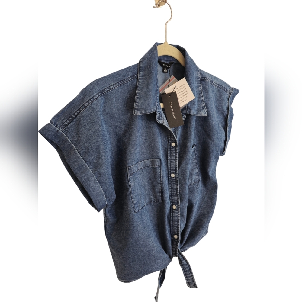 NWT Sim & Sam Tie Front Button Down Denim Blue Acid Wash Top Size XL - Picture 3 of 16